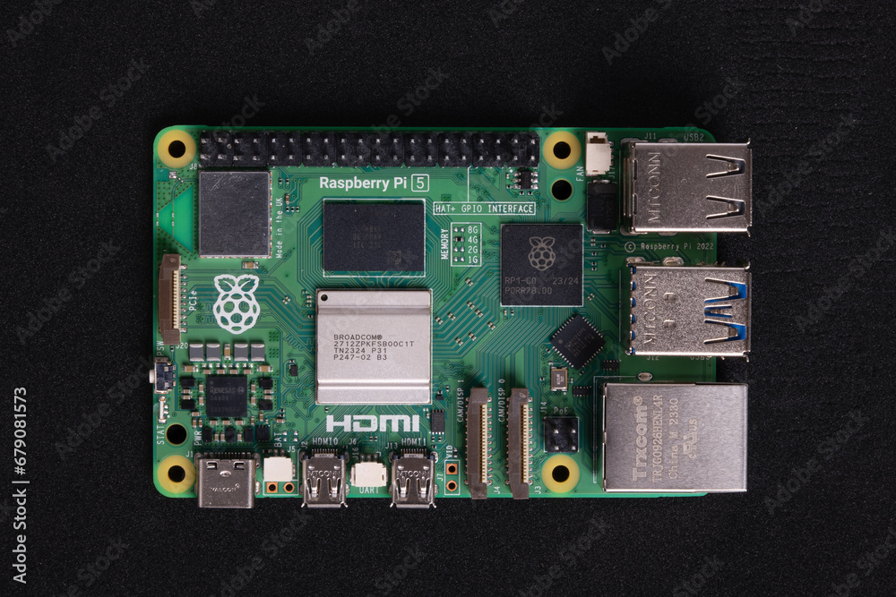 Raspberry Pi 5 isolated on black background. Single-board computer ...