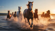  In the early morning, a herd of wild horses gallops along a beach, their hooves splashing water, illuminated by the stunning sunrise lighting. The scene is a breathtaking blend of nature and freedom.