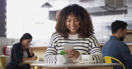 Aufkleber - Laughing, phone or happy woman in cafe with social media and meme or website notification. Mobile app, smile or person in coffee shop texting, typing online or reading a funny joke on internet post