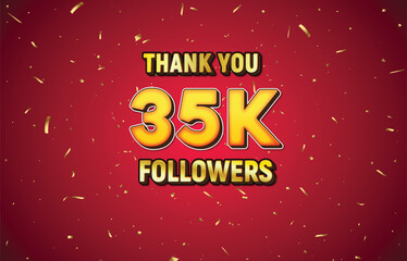 Golden 30K isolated on red background with golden confetti, Thank you followers peoples, 1k online social group, 35k