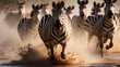 Zebras running through the African