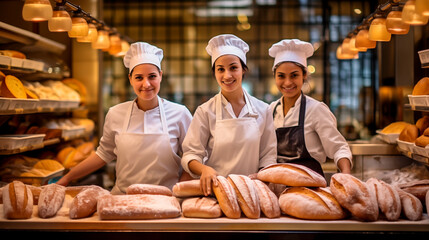 Wall Mural - Cheerful bakery staff presenting artisan breads on counter.
