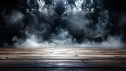 Wall Mural - Wooden floor for display products. Empty wooden floor with darkness light and smoke background. Generative AI