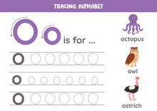 Tracing All Letters Of English Alphabet. Preschool Activity For Kids. Writing Uppercase And Lowercase Letter O. Printable Worksheet.  Cute Illustration Of Octopus, Owl, Ostrich.