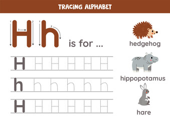 Wall Mural - Tracing all letters of English alphabet. Preschool activity for kids. Writing uppercase and lowercase letter h. Printable worksheet. Cute illustration of hedgehog, hare, hippopotamus.