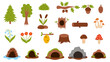 Collection of cute cartoon forest woodland nature elements.