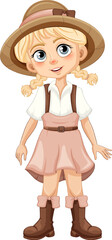 Wall Mural - Cheerful Cartoon Character: Cute Girl with Suspenders and Hat