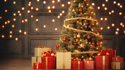 Poster - christmas tree and gifts on a wooden floor with a bokeh background