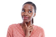 Black woman, thinking and smile for idea, vision and planning or isolated on transparent png background. Happy female person, insight and brainstorming or inspiration, start up and entrepreneur
