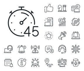Poster - stopwatch time sign. place location, technology and smart speaker outline icons. timer 45 minutes li