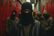 © Sergio - African American gang of bandits, serious dangerous guy in a black mask looking at camera on street