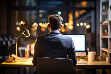 A man in a business suit works at a computer in a modern office with large panoramic windows in the evening. Generated by artificial intelligence