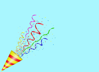Aufkleber - Party popper with flying confetti. Yellow and red firecracker explodes with serpentine. Birthday and anniversary banner with empty space for text
