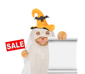Poster - Smiling Mastiff puppy dog celebrating halloween in ghost costume shows signboard with labeled 