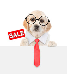 Poster - Smart Golden retriver puppy wearing necktie and eyeglasses shows signboard with labeled 