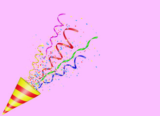 Aufkleber - Party popper with flying confetti. Yellow and red firecracker explodes with serpentine. Birthday and anniversary banner with empty space for text