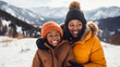 Happy, smiling, afro american family mother with daughter snowy mountains at ski resort, during vacation and winter holidays.