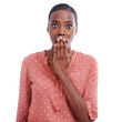 Woman, shock and what for secret, gossip and rumor or isolated on transparent png background. Black female person, surprise and emoji or omg, wtf and drama in portrait, huh and did you know or face