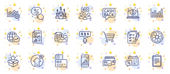 Outline set of Fan engine, Loan percent and Graph phone line icons for web app. Include Market sale, Money transfer, Discount button pictogram icons. Wallet, Column chart, Clipboard signs. Vector