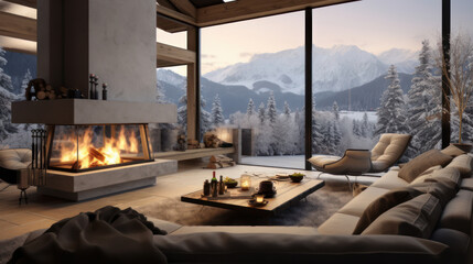 Wall Mural - Cozy living room with panoramic window, fireplace with fire and view of winter mountains and forest at a ski resort and luxury hotel, during vacation and winter holidays.