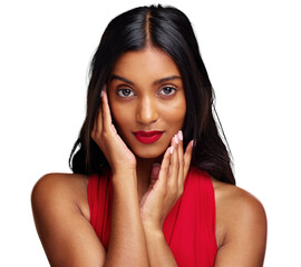 Wall Mural - Woman, portrait and red lipstick for beauty, face and makeup cosmetics isolated on a transparent PNG background. Indian female person touching skin in wellness or facial treatment for valentines day