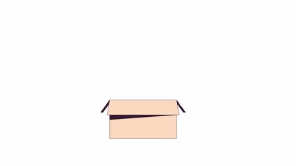 Poster - Open cardboard box collecting stationery supplies line 2D object animation. Packing parcel with stationary flat color cartoon 4K video, alpha channel. Resignation box animated item on white background