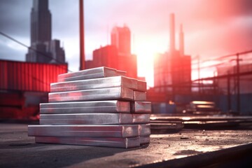 Wall Mural - stack of aluminum ingots with a blurred factory background