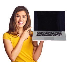 Portrait, wow and a woman pointing to a laptop screen isolated on a transparent background for information. Computer, surprise and a happy young person showing an empty display on PNG for marketing