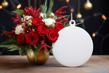 Wall Mural - White round ceramic element with string hangs on Christmas tree. Generative AI