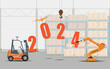 New year concept. Figures of the new year 2024 with the use of warehouse equipment. Flat vector illustration.