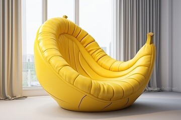 Wall Mural - Hyper realistic banana shape modern concept sofa chair, Comfortable yellow sofa in room, 
home interior design, ai generative