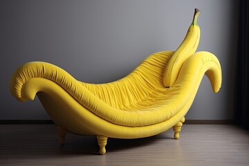 Wall Mural - Hyper realistic banana shape modern concept sofa chair, Comfortable yellow sofa in room, home interior design, ai generative