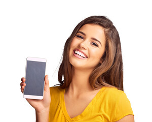 Poster - Woman, portrait and smile for cellphone screen as mockup space or social media, internet or isolated on transparent png background. Female person, face and mobile or website, app or online connection