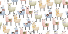 Cute Cartoon Alpack On Transparent Background. Seamless Pattern For Kids, Nursery With Lama