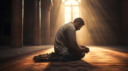 A devout Muslim man bows to pray in a mosque.