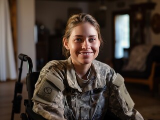 A disabled female soldier wearing a happy camouflage uniform sits smiling looking at the camera from a wheelchair in her home.