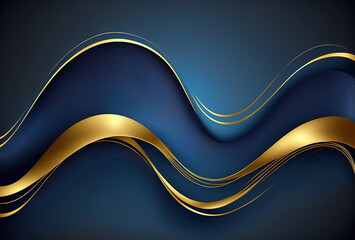 Wall Mural - Wave ornament abstract background. Golden blue color gradient glowing curl curve layers design geometric ripple texture graphic art illustration.