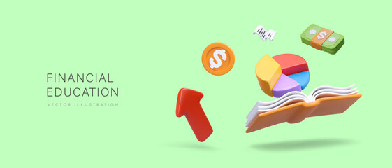 Fototapete - Colorful poster for online school. Concept of financial education. 3d realistic open book, diagram, banknote and coins. Financial growth and development. Vector illustration in 3d style