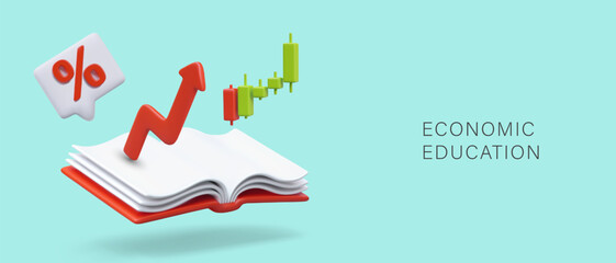 Fototapete - Concept of economic education. Poster with open book, red arrow, diagram and percent for online school. Vector illustration in 3d style with blue background