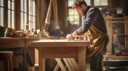 A young carpenter looks at the instruction manual for a handmade wooden chair. Provide a tool room