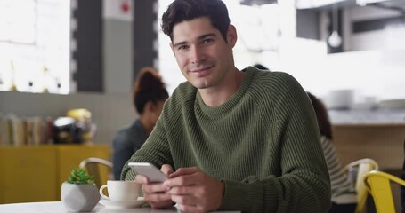 Aufkleber - Face, phone or happy man in cafe with a smile to chat on social media or website notification. Mobile app, portrait or male person at coffee shop table alone on holiday vacation to relax on a break