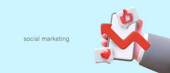 Fototapete - 3d realistic hand holding smartphone with red arrow on screen. Social media and marketing concept. Digital transformation technology strategy. Vector illustration