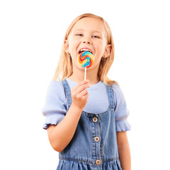 Child, portrait and lollipop candy eating for happy sweet tooth, sugar rush or isolated transparent png background. Female person, face and dessert hungry smile for unhealthy snack food, fun at party