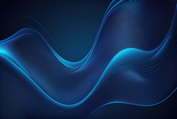Wall Mural - Ripple wave. Light curve. Blur glowing blue color curl lines flow ribbed texture on dark black art illustration abstract background with copy space.