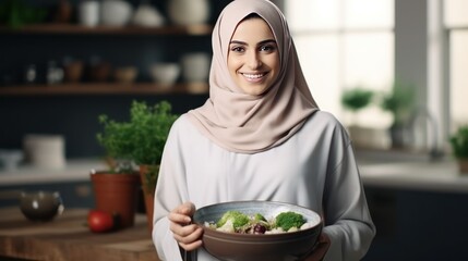 Arab woman standing in modern kitchen holding salad bowl and smile for the camera