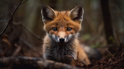 Wall Mural - adorable baby fox in a forest. created with generative ai.