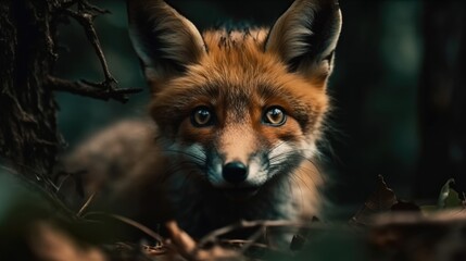 Wall Mural - adorable baby fox in a forest. created with generative ai.