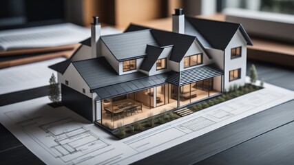 Model of new house with black tiled pitched roof on architecture blueprint plan close up