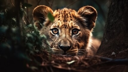 Wall Mural - little lion in the forest. created with generative ai.