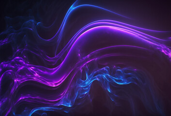 Wall Mural - Smoke wave. Neon curves. Defocused purple blue color glowing curl lines mist texture graphic design on dark black art illustration abstract background.